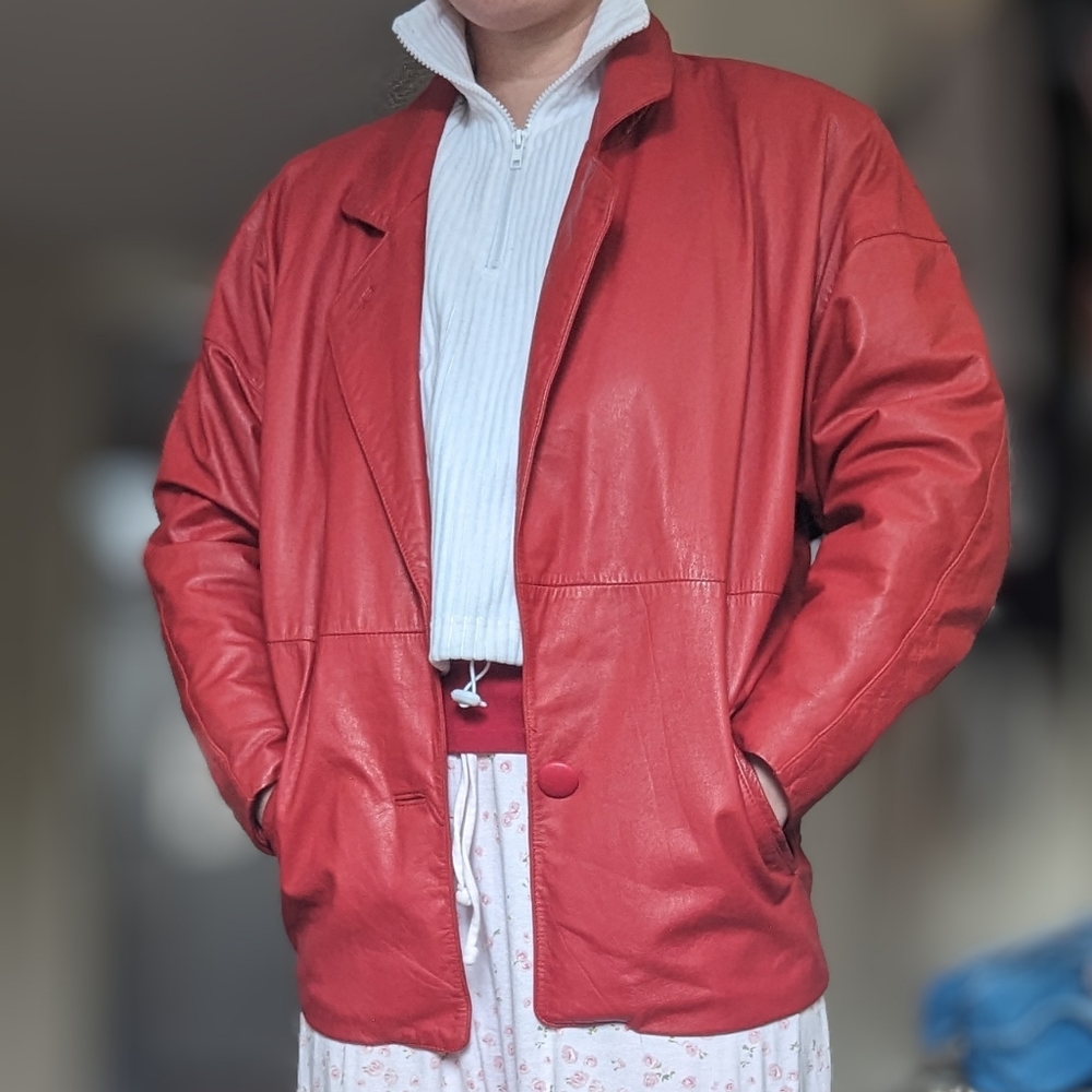 toffs red leather oversized single button jacket